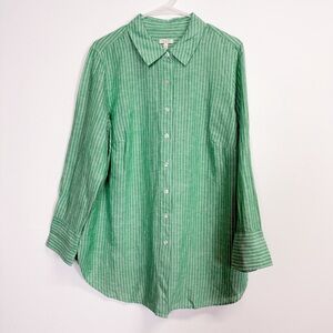 Talbots Plus Button Up Shirt Womens 1X Green White Stripe Linen Blend